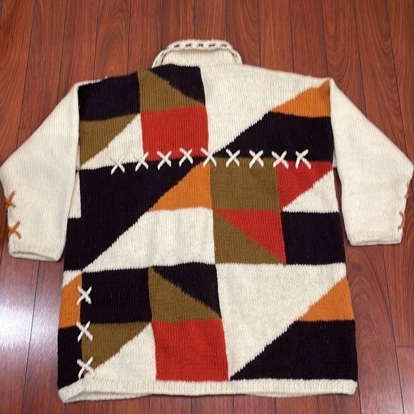 Hand Knit Alpaca Oversize Chunky Patchwork Cardigan ~Frontiers Scotland One Size - Picture 2 of 15